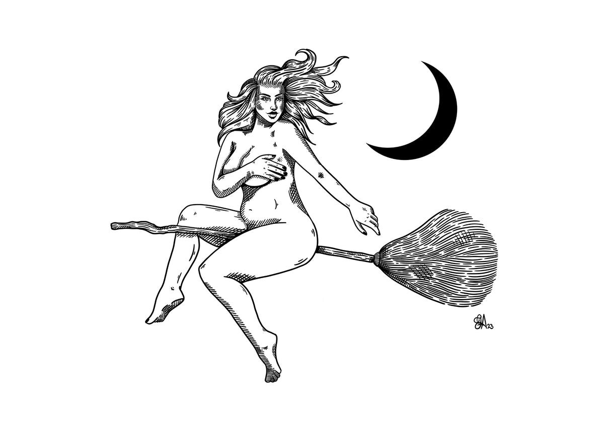 Fly by Night – black and white illustration of a woman riding a broom beneath a crescent moon, landscape 5x7 print