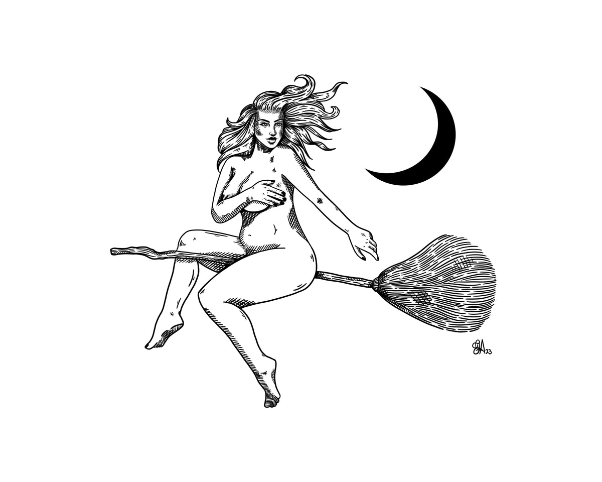Fly by Night – black and white illustration of a woman riding a broom beneath a crescent moon, landscape 8x10 print