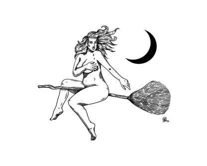 Fly by Night – black and white illustration of a woman riding a broom beneath a crescent moon, landscape 8x10 print