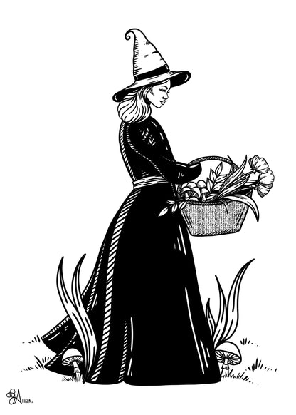 Forager – black and white illustration of a witch carrying a basket of mushrooms, flowers and foliage, 5x7 print