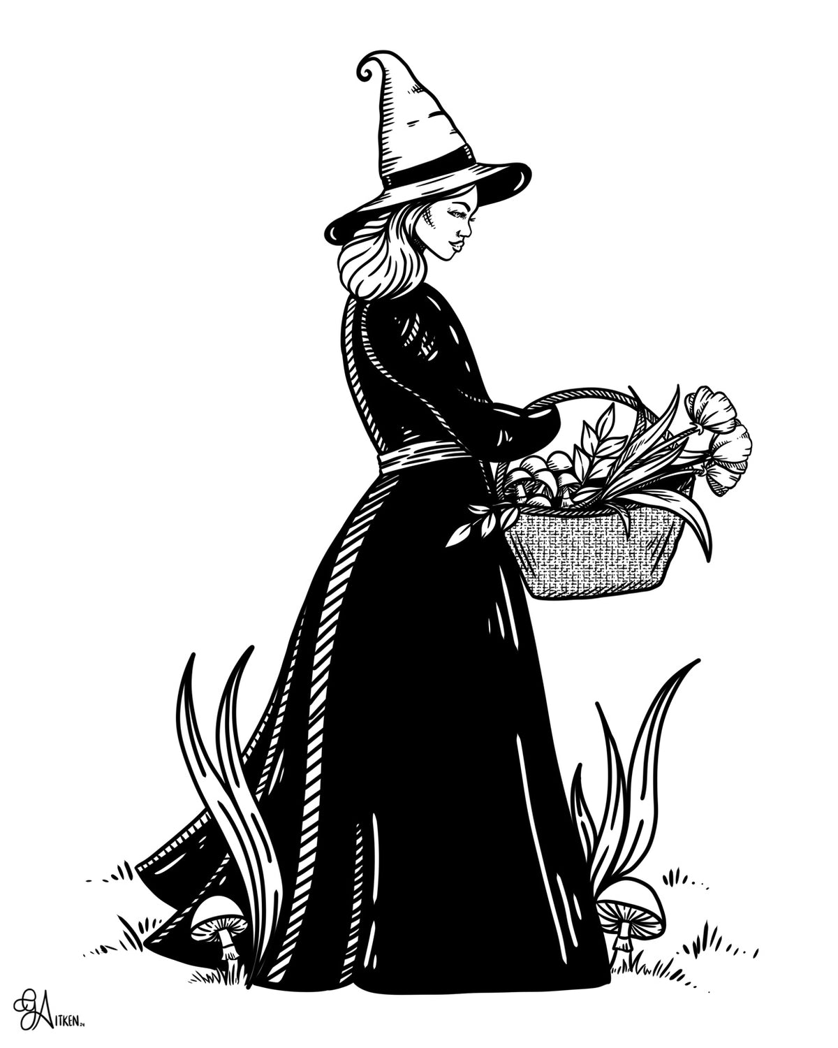 Forager – black and white illustration of a witch carrying a basket of mushrooms, flowers and foliage, 8x10 print
