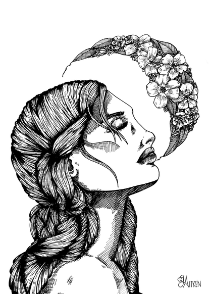 Forget-Me-Not – black and white pen portrait of a woman in profile beneath a crescent of flowers and leaves, 5x7 print