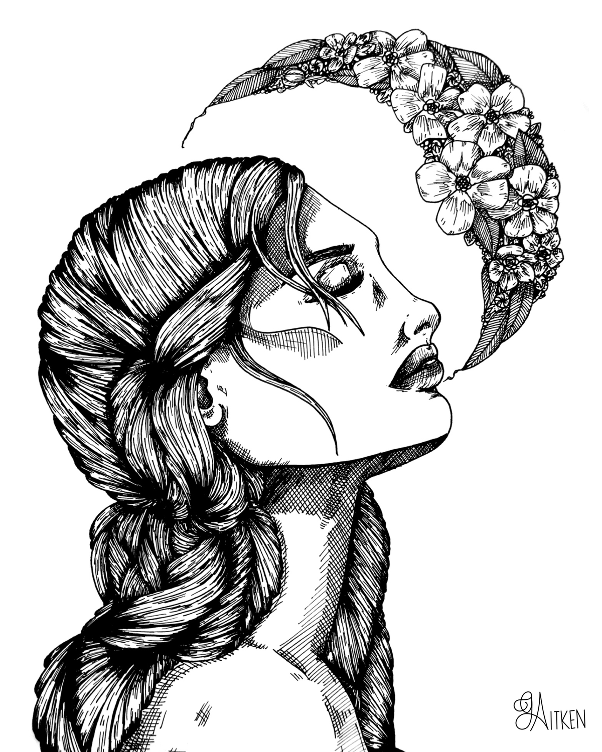 Forget-Me-Not – black and white pen portrait of a woman in profile beneath a crescent of flowers and leaves, 8x10 print