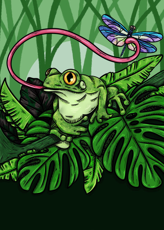 Frog’s Feast – a bright green frog catching a colorful dragonfly with its curling pink tongue among lush tropical leaves, 5x7 print