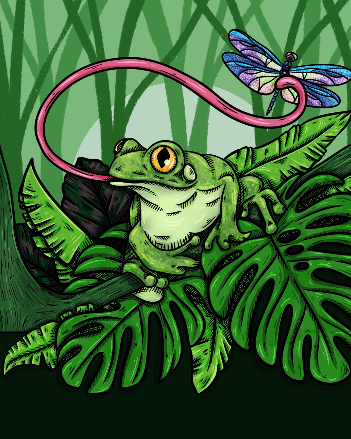 Frog’s Feast – a bright green frog catching a colorful dragonfly with its curling pink tongue among lush tropical leaves, 8x10 print