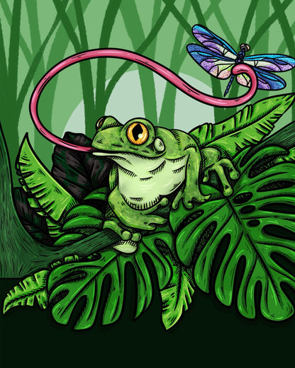 Frog’s Feast – a bright green frog catching a colorful dragonfly with its curling pink tongue among lush tropical leaves, 8x10 print