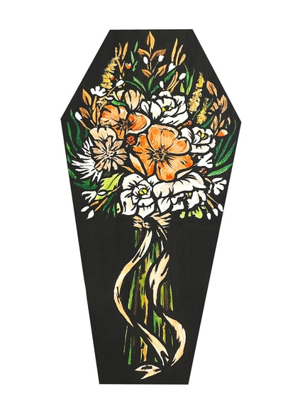Funeral Flowers – a bouquet of white and orange flowers with green leaves and trailing ribbons inside a black coffin silhouette on white, 5x7 print
