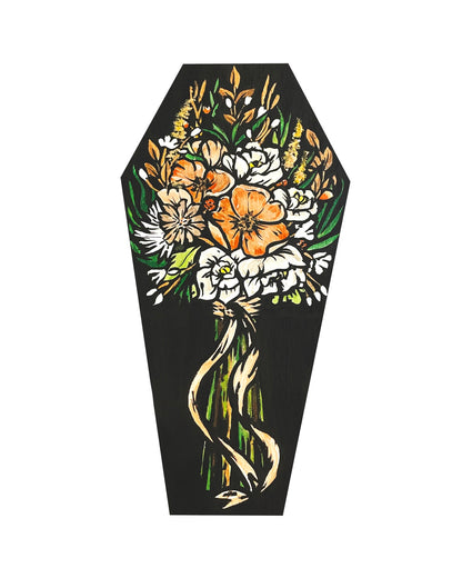 Funeral Flowers – a bouquet of white and orange flowers with green leaves and trailing ribbons inside a black coffin silhouette on white, 8x10 print