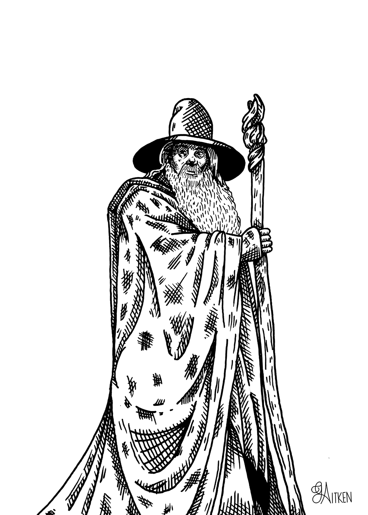 Gandalf – black and white pen illustration of the bearded wizard wearing a pointed hat and cloak, holding his staff, 5x7 print