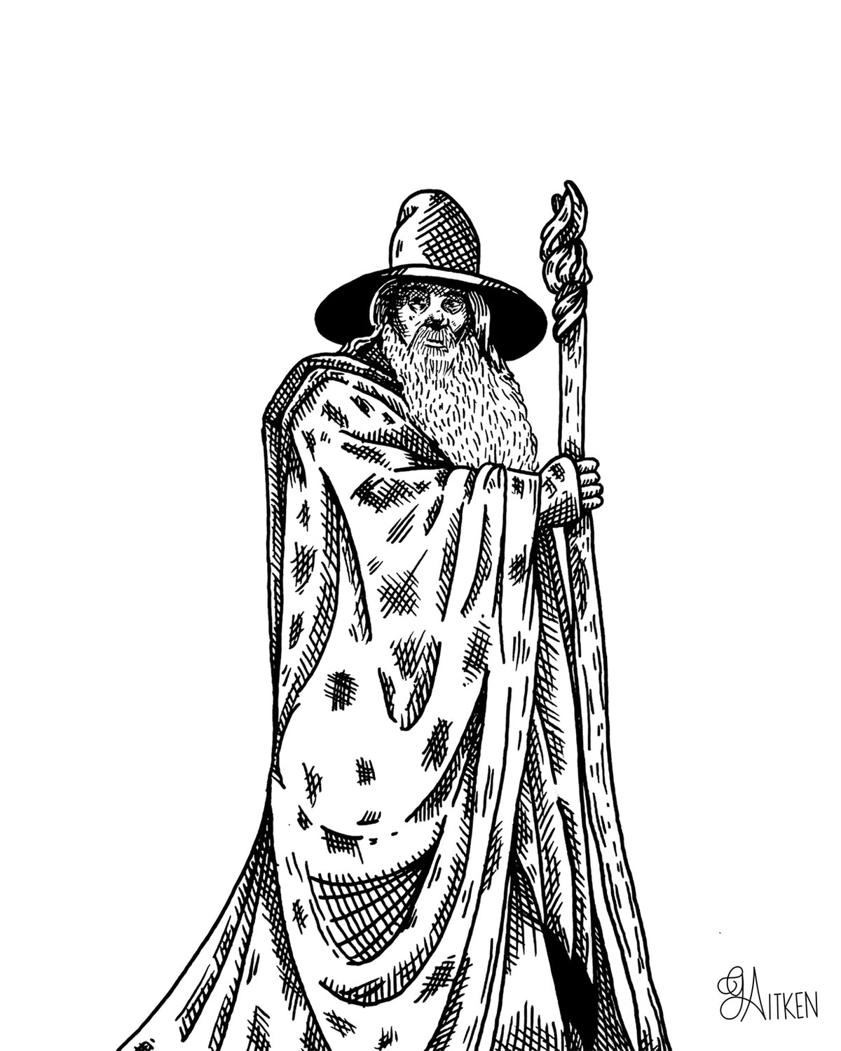 Gandalf – black and white pen illustration of the bearded wizard wearing a pointed hat and cloak, holding his staff, 8x10 print
