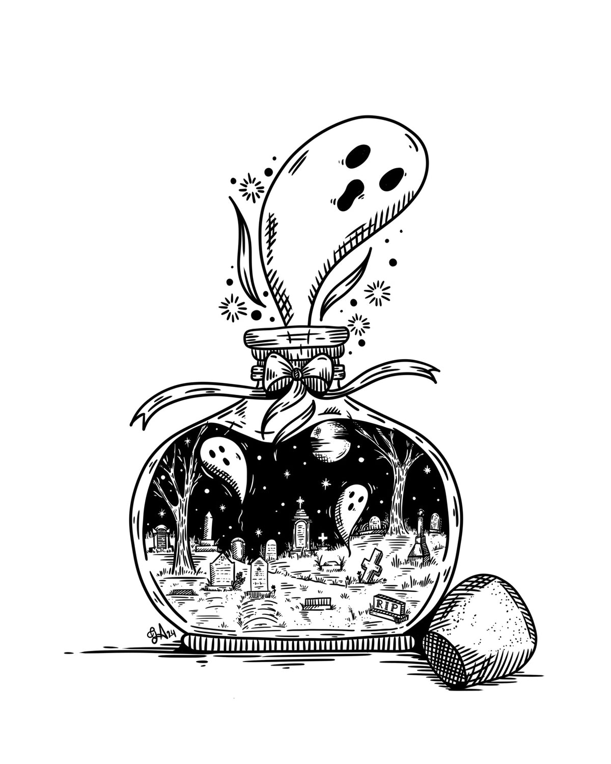Ghost in a Jar – black and white illustration of ghosts and a moonlit graveyard inside a ribbon-tied bottle, with a ghost rising from the open neck, 8x10 print