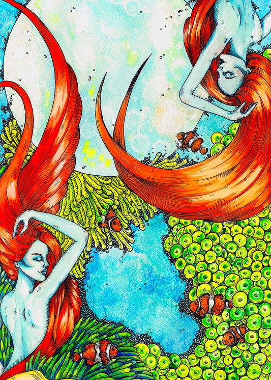 Habitation – underwater fantasy artwork with two red-haired women, orange clownfish and vivid green sea anemones against turquoise water, 5x7 print