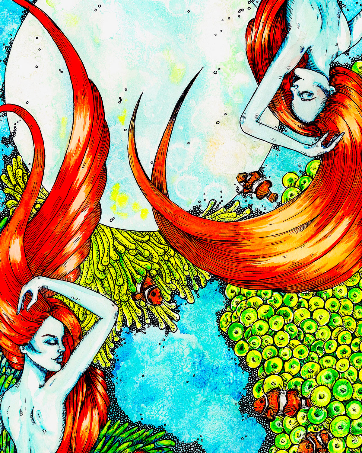 Habitation – underwater fantasy artwork with two red-haired women, orange clownfish and vivid green sea anemones against turquoise water, 8x10 print