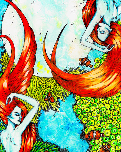 Habitation – underwater fantasy artwork with two red-haired women, orange clownfish and vivid green sea anemones against turquoise water, 8x10 print