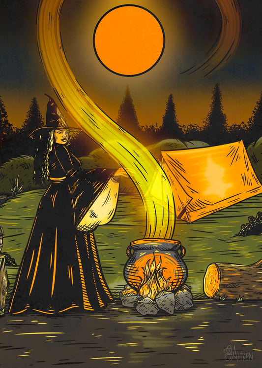 Harvest Moon – a witch tending a glowing cauldron at a forest campsite beneath a bright orange full moon, 5x7 print