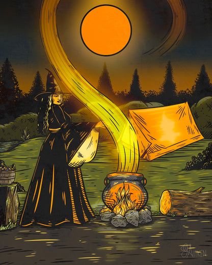 Harvest Moon – a witch tending a glowing cauldron at a forest campsite beneath a bright orange full moon, 8x10 print