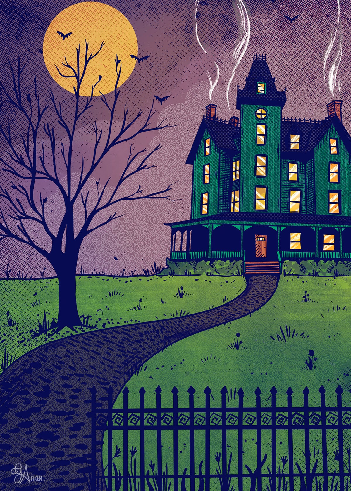 Haunted – a green Victorian haunted house with glowing windows beneath a yellow full moon, bats and a bare tree against a purple night sky, 5x7 print