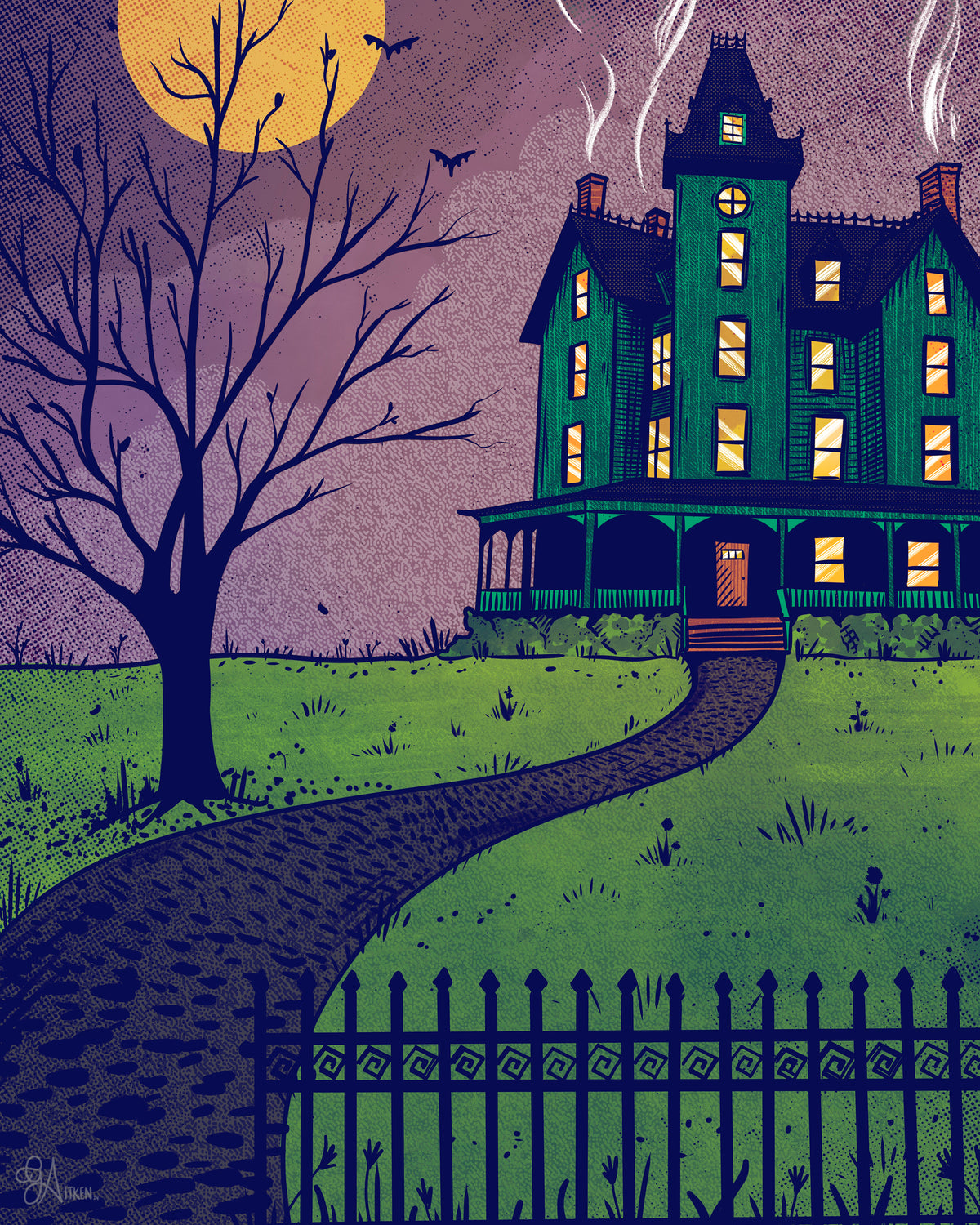 Haunted – a green Victorian haunted house with glowing windows beneath a yellow full moon, bats and a bare tree against a purple night sky, 8x10 print