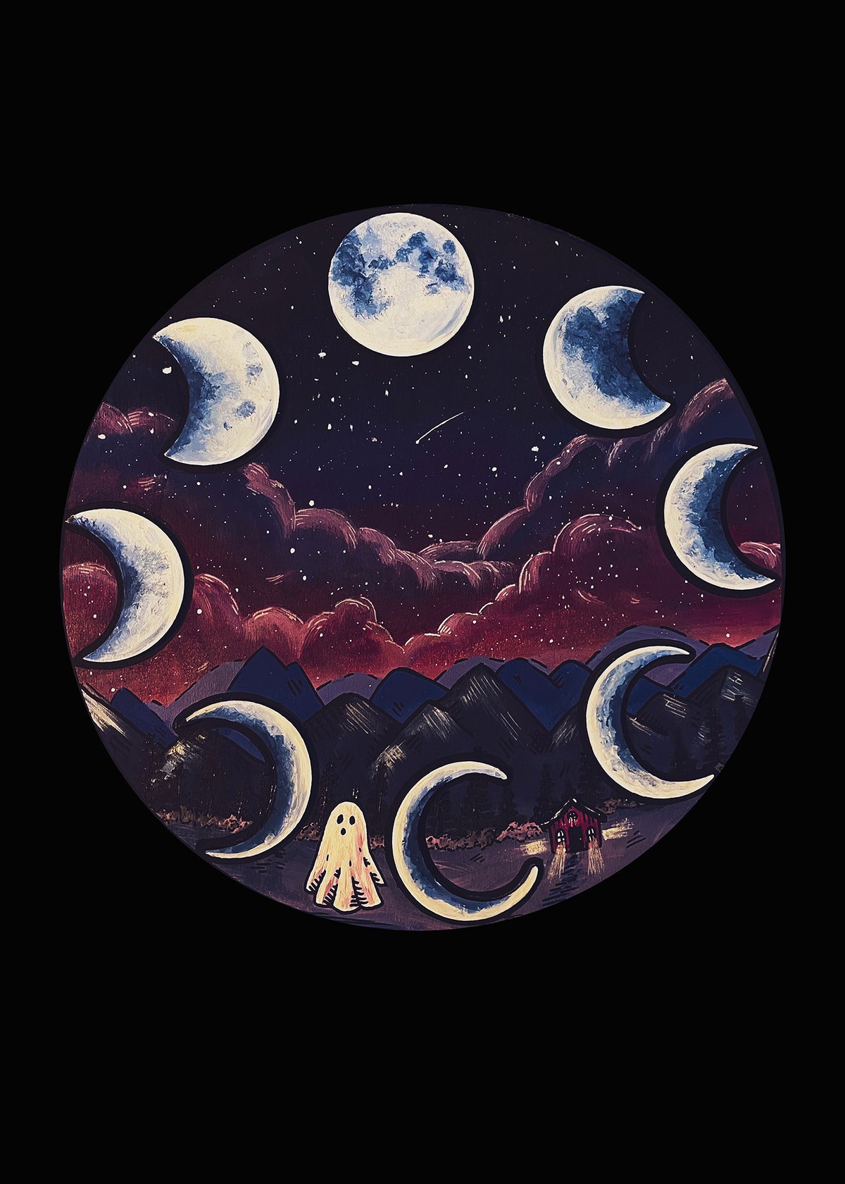 Phantom Phases art print, moon phases above mountains with a ghost, 5x7