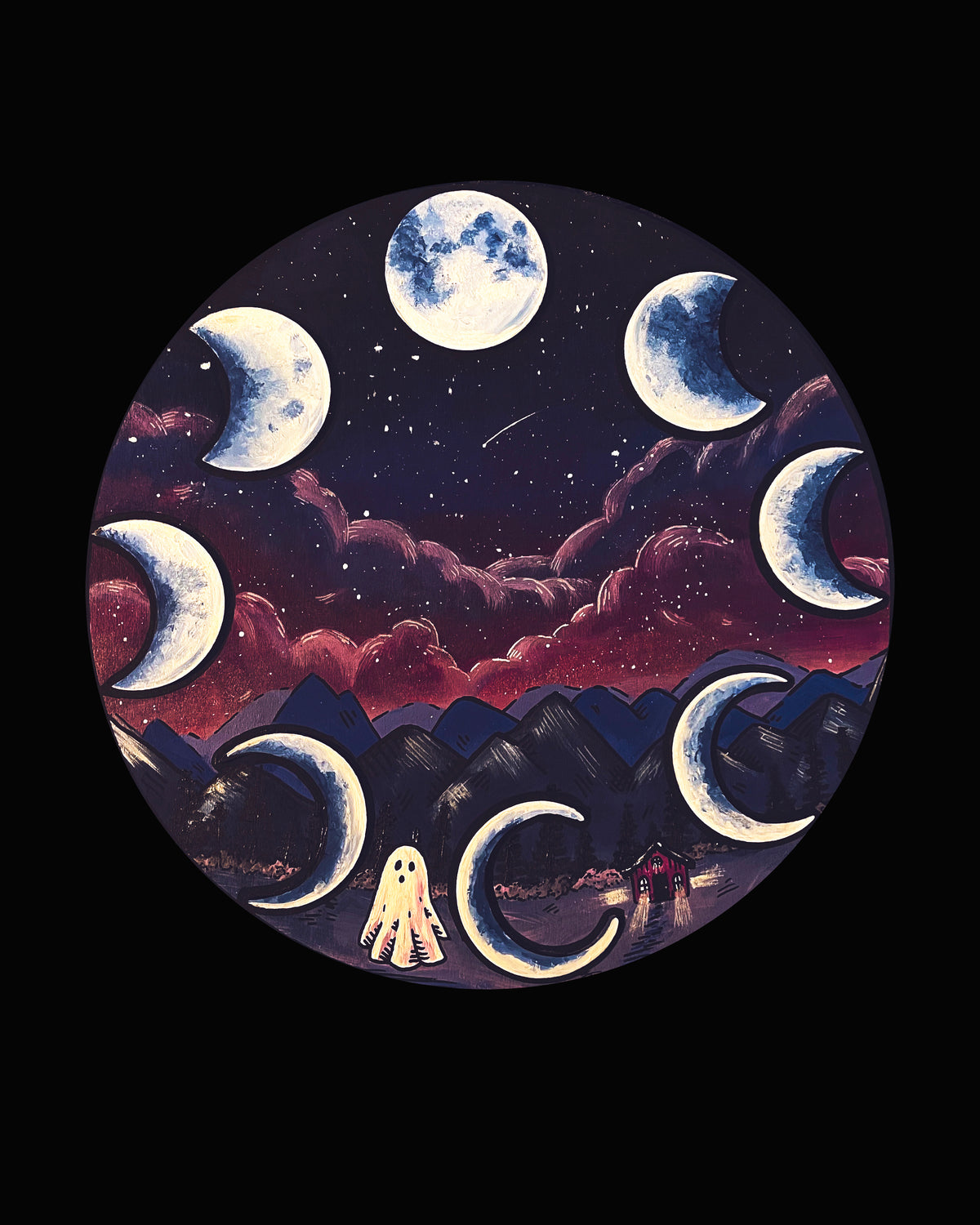 Phantom Phases art print, moon phases above mountains with a ghost, 8x10