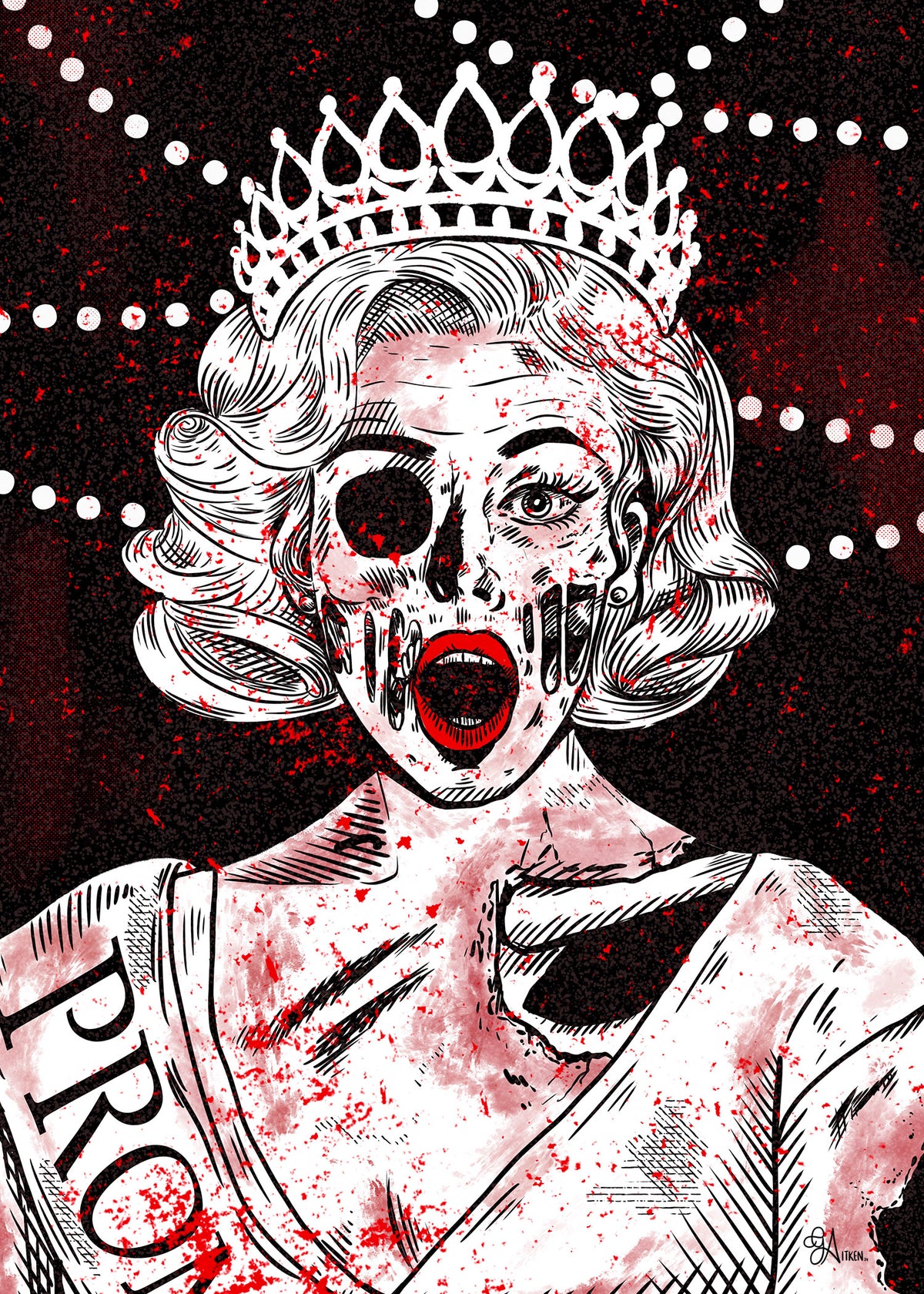 Prombie art print, zombie prom queen in red, black and white, 5x7