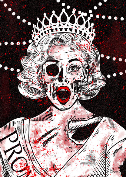 Prombie art print, zombie prom queen in red, black and white, 5x7