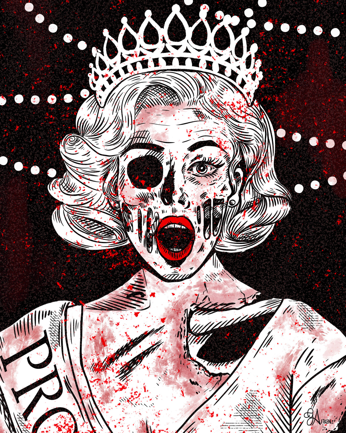 Prombie art print, zombie prom queen in red, black and white, 8x10