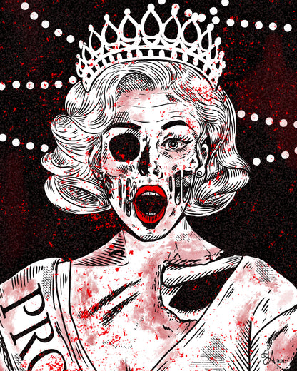 Prombie art print, zombie prom queen in red, black and white, 8x10