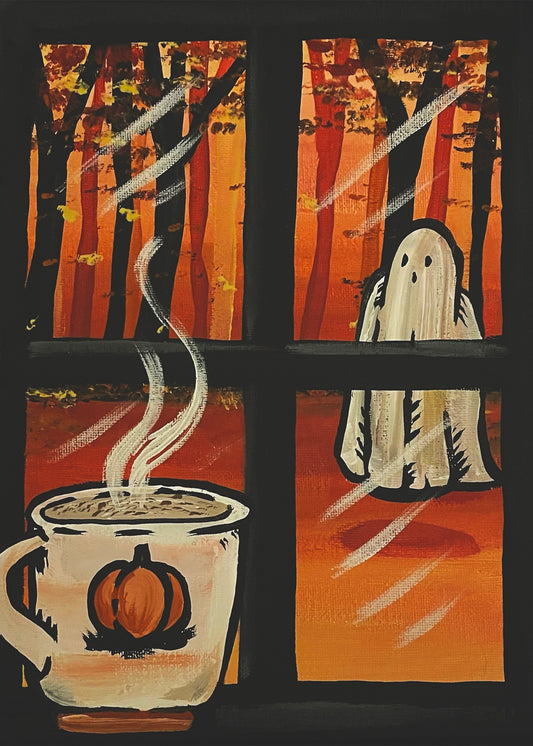 Pumpkin Spice & Everything Nice art print, steaming pumpkin mug by a window overlooking an autumn forest and ghost, 5x7