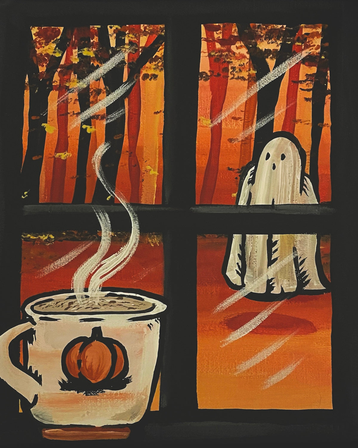 Pumpkin Spice & Everything Nice art print, steaming pumpkin mug by a window overlooking an autumn forest and ghost, 8x10