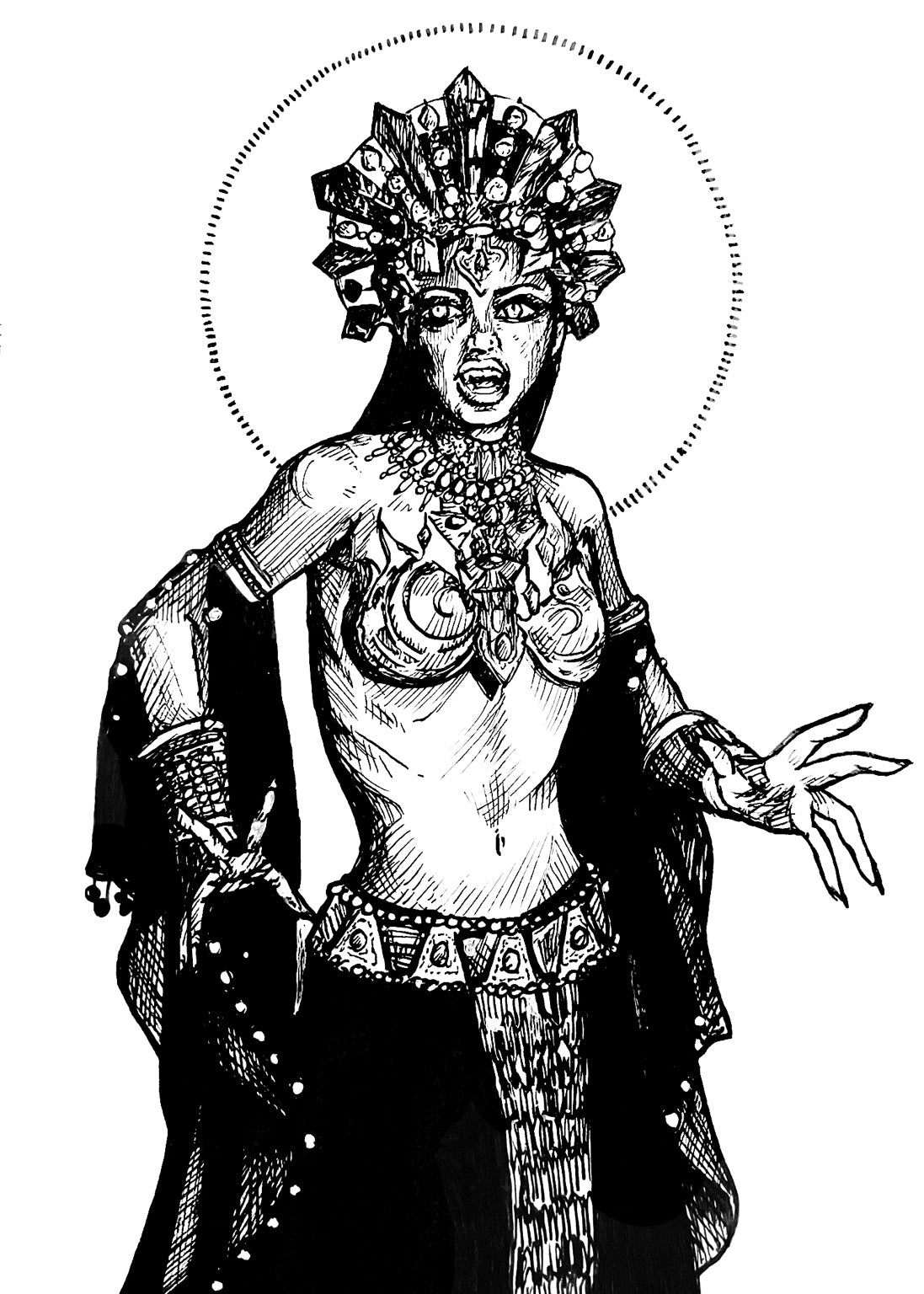 Queen of the Damned black and white pen artwork of Akasha, 5x7 art print