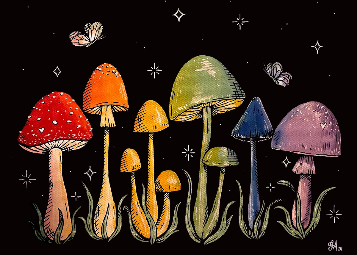 Rainbow Shrooms landscape art print, rainbow mushrooms with butterflies and stars, 5x7