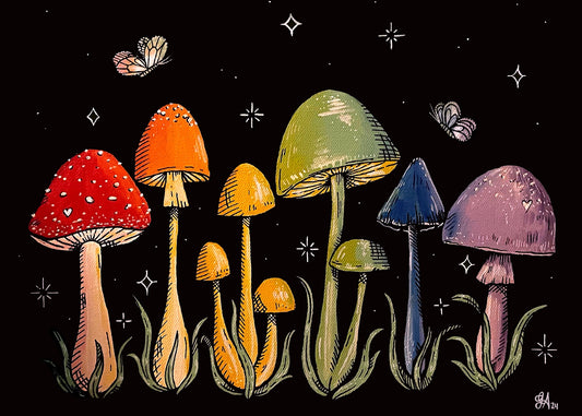Rainbow Shrooms landscape art print, rainbow mushrooms with butterflies and stars, 5x7