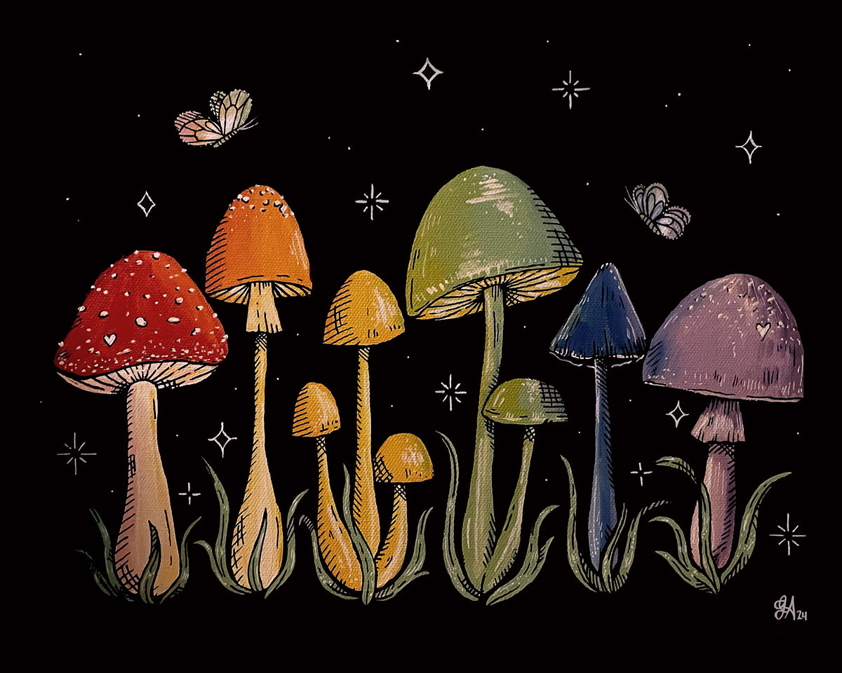 Rainbow Shrooms landscape art print, rainbow mushrooms with butterflies and stars, 8x10