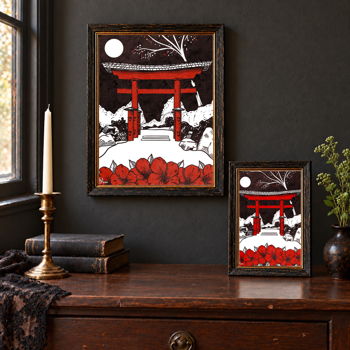 Red Torii art prints displayed in 8x10 wall and 5x7 tabletop frames