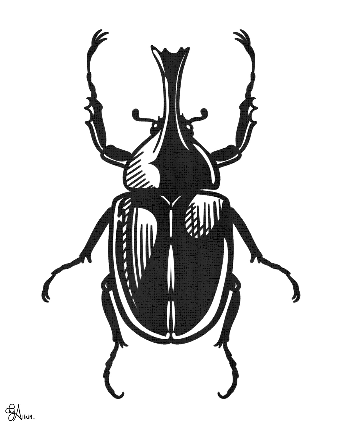 Rhinoceros Beetle black and white art print, 8x10
