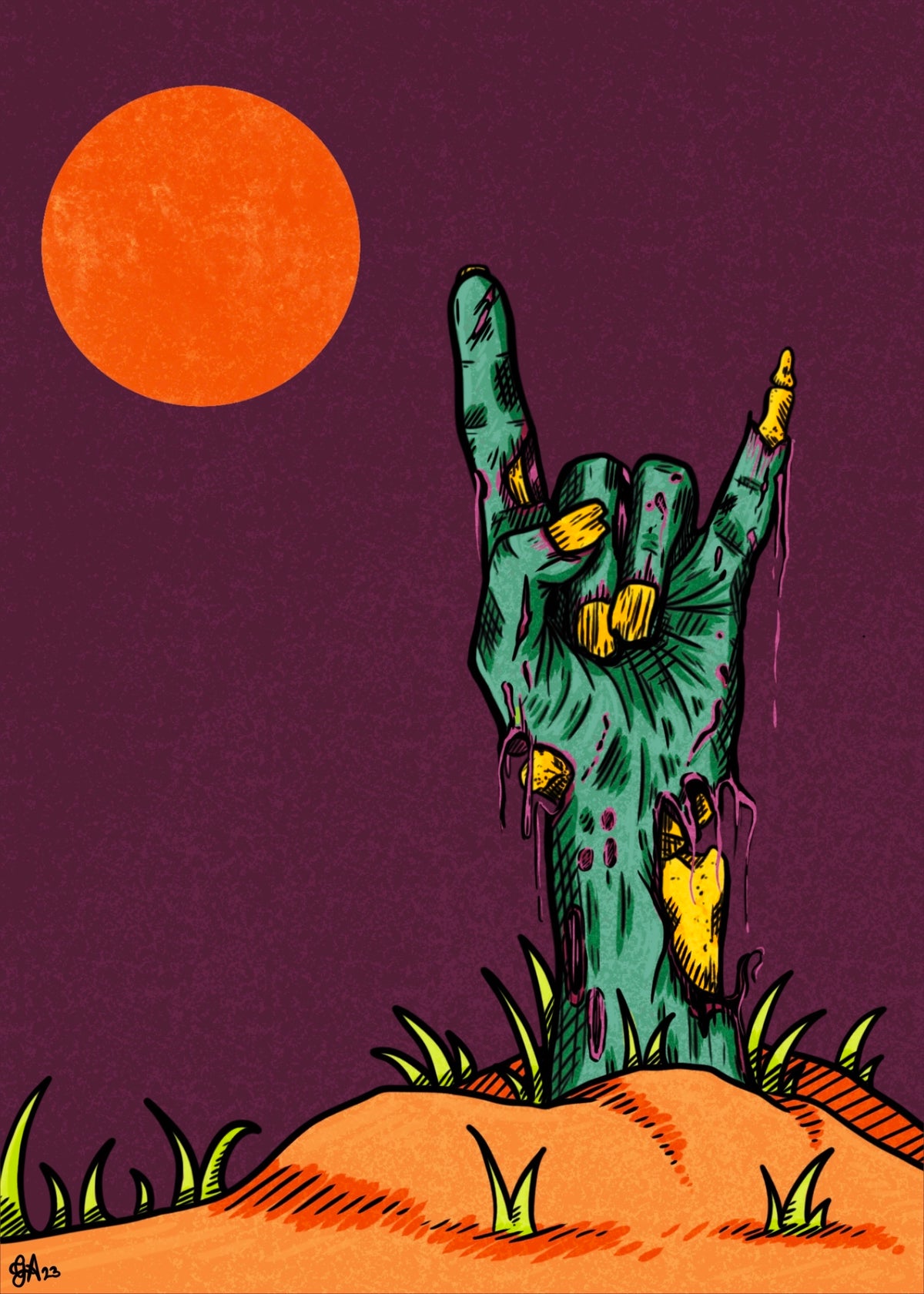 Rise art print, green zombie hand making the rock horns gesture above orange ground against a purple sky, 5x7