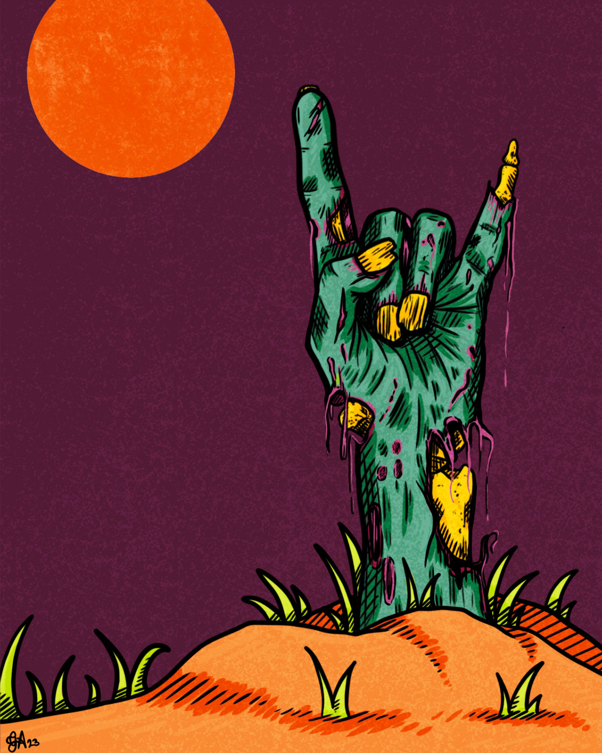 Rise art print, green zombie hand making the rock horns gesture above orange ground against a purple sky, 8x10