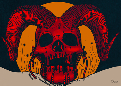 Sacrificial Ram landscape art print, red horned skull against an orange circle and dark teal background, 5x7