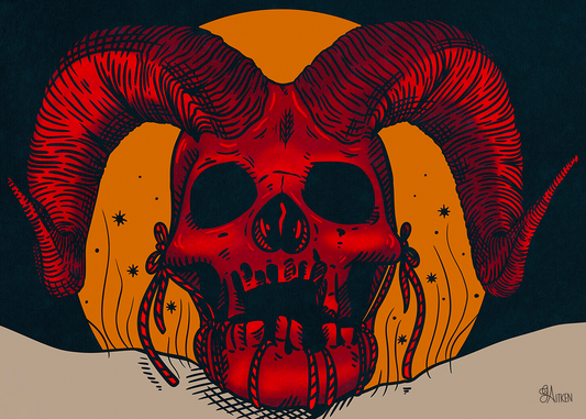 Sacrificial Ram landscape art print, red horned skull against an orange circle and dark teal background, 5x7