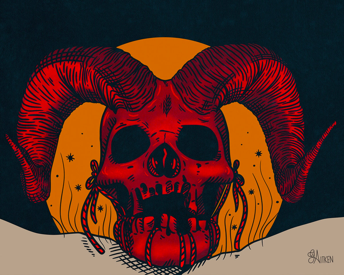 Sacrificial Ram landscape art print, red horned skull against an orange circle and dark teal background, 8x10