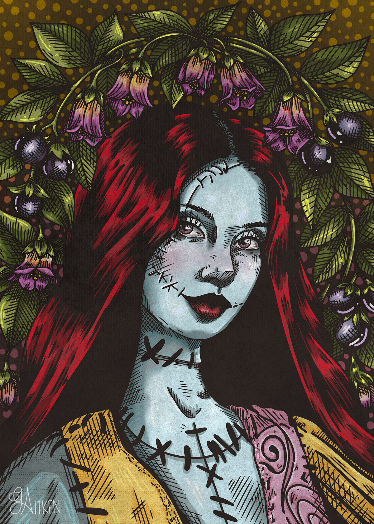 Sally V.2 art print, red-haired stitched portrait framed by purple flowers and green leaves, 5x7