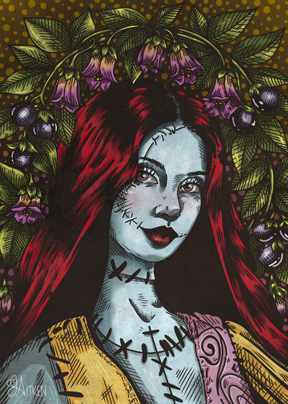 Sally V.2 art print, red-haired stitched portrait framed by purple flowers and green leaves, 5x7