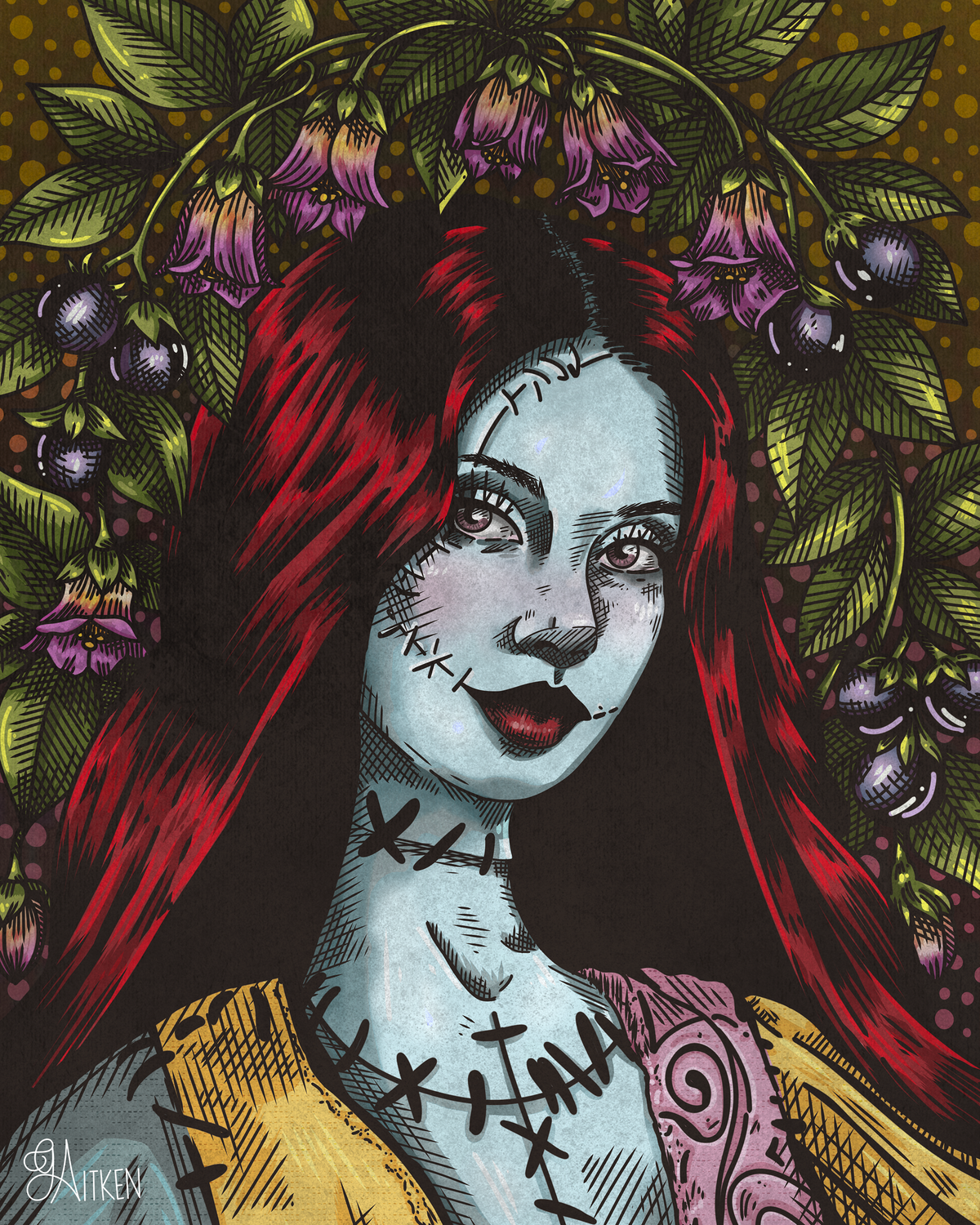 Sally V.2 art print, red-haired stitched portrait framed by purple flowers and green leaves, 8x10