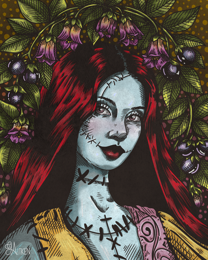 Sally V.2 art print, red-haired stitched portrait framed by purple flowers and green leaves, 8x10
