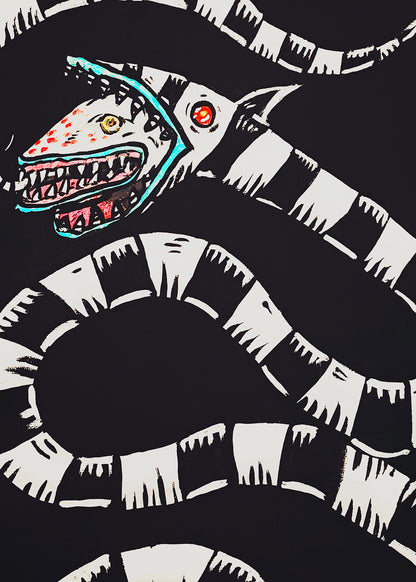 Sandworm art print inspired by Beetlejuice, black and white striped creature with colorful mouth details, 5x7