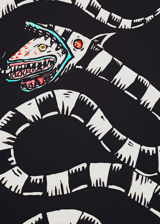Sandworm art print inspired by Beetlejuice, black and white striped creature with colorful mouth details, 5x7