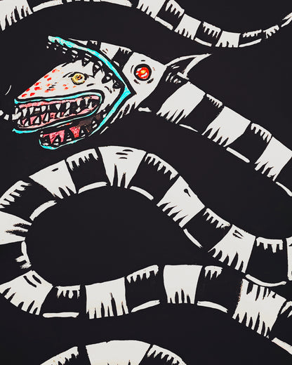Sandworm art print inspired by Beetlejuice, black and white striped creature with colorful mouth details, 8x10