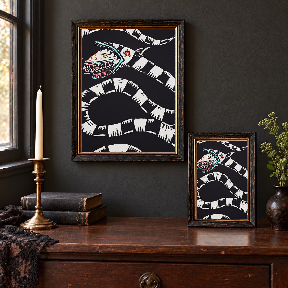 Sandworm art prints displayed in 8x10 wall and 5x7 tabletop frames
