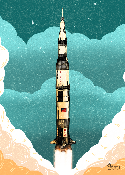 Saturn V rocket launching through clouds against a teal sky, 5x7 art print